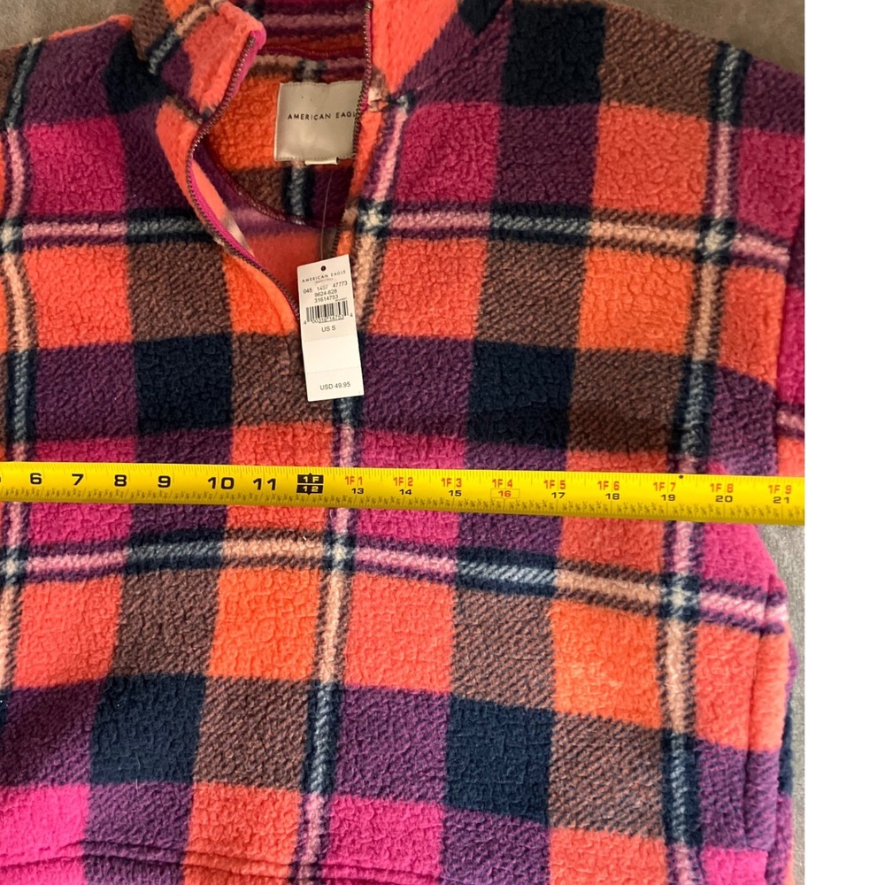 NEW American Eagle Plaid Fleece Cropped Pullover Sweatshirt S Pink Orange NWT - Picture 5 of 8